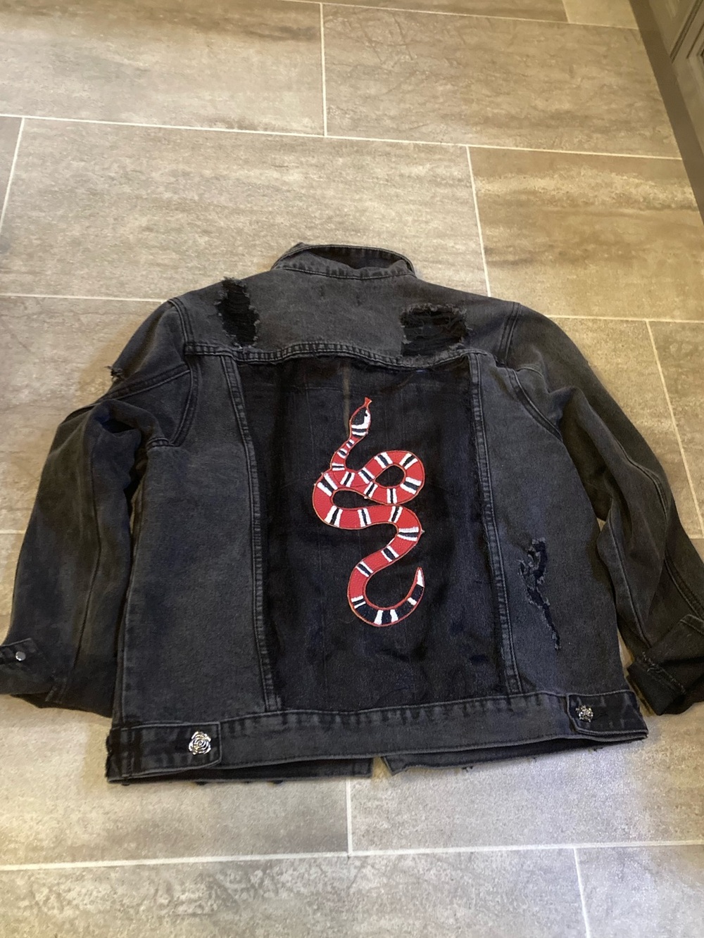 “Wisdom” Black Distressed Denim Jacket with Red Snake Appliqué - Picture 5 of 9